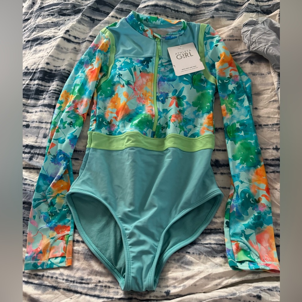 Athleta Mock Neck Blue and Green Bodysuit Girl’s One Piece